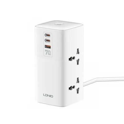 LDNIO 7 in 1 2500W Tower Extension Power Socket 70W Charging Station USB Power Strip 2 Outlets 2 USB-C USB-A Port Extension Cord