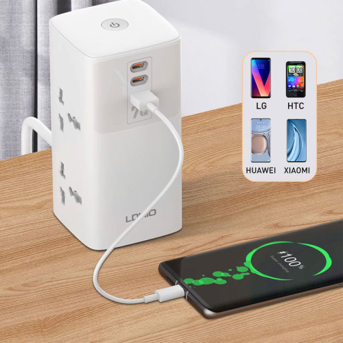 LDNIO 7 in 1 2500W Tower Extension Power Socket 70W Charging Station USB Power Strip 2 Outlets 2 USB-C USB-A Port Extension Cord