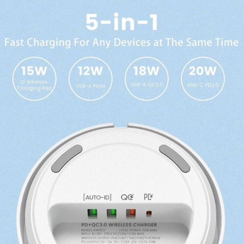    LDNIO 32W Desktop Wireless Charging Station with 4-Port PD/QC3.0 Fast Charging