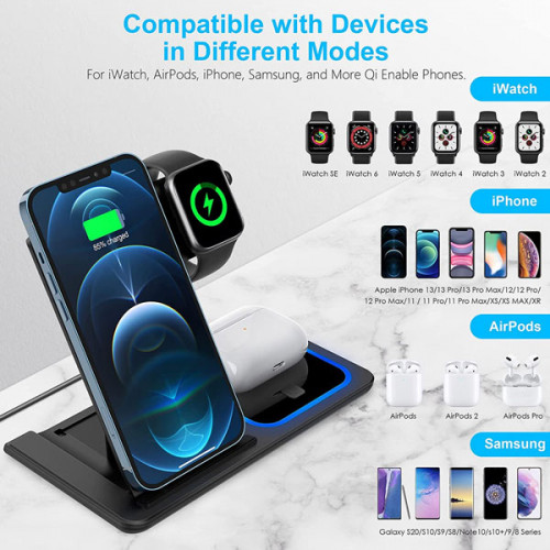 Foldable 3-in-1 15W Wireless Charger Desktop Qi Fast Charging Stand Dock