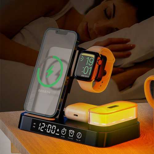 3 in 1 Folding 15W Wireless Charger with Alarm Clock RGB LED Night Light 