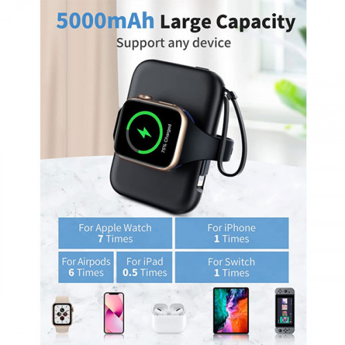 Portable Wireless Charger for Apple Watch with Built in Cable Power Bank 5000 mAh