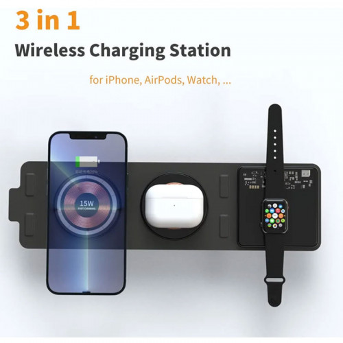 3 in 1 Foldable Wireless Charger Station , Transparent Travel 15W Magnetic Fast Charging Pad