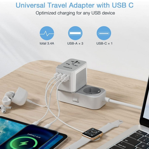 TESSAN International Plug Travel Adaptor with 3 USB Ports + 1 USB C, Worldwide Wall Travel Charger