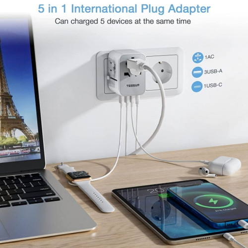 TESSAN International Plug Travel Adaptor with 3 USB Ports + 1 USB C, Worldwide Wall Travel Charger