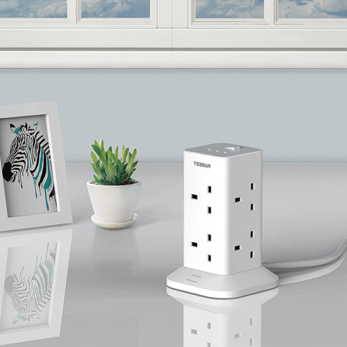 TESSAN 8 Way Multi Plug Extension Tower with 3 USB Slots, Surge Protection Extension Cord with Switch, with 2M Cable