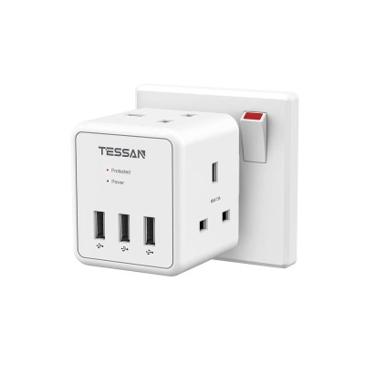 TESSAN Extension Plug Adapter, TESSAN Surge Protected 2 Way Plug Adapter with 3 USB, 13A Cube Multi Plug Extension Wall Socket for Home, Office, Kitchen