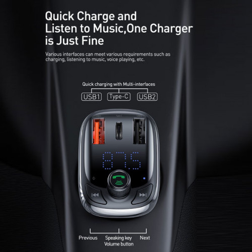 Baseus T-Typed 2 USB , Type-C and MP4 Car Charger