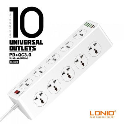  Ldnio SC10610 2500W 10 Sockets + 4 USB Ports + 1 Type-C PD Port + 1 QC3.0 Port Desktop Extension Home Charger with (2m Cord )