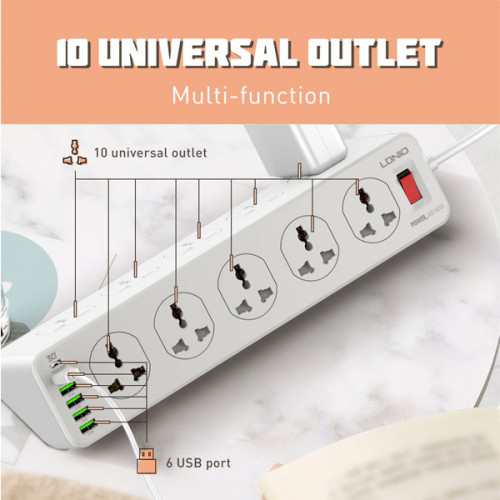  Ldnio SC10610 2500W 10 Sockets + 4 USB Ports + 1 Type-C PD Port + 1 QC3.0 Port Desktop Extension Home Charger with (2m Cord )