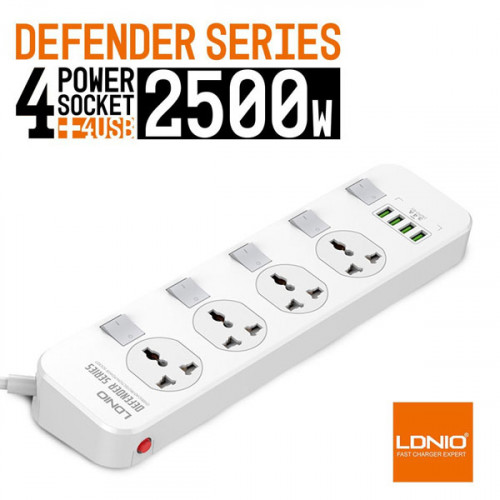 LDNIO SC4408 2-Meter Extension Cord with 4 Socket Outlets and 4 USB 2500W 10A Defender Series