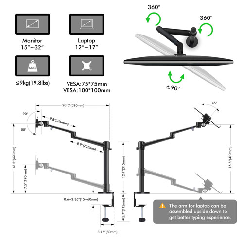 Aluminum Alloy Multifunction 2 in 1 Monitor and Laptop Dual Arm 360 Degree Rotation Mount