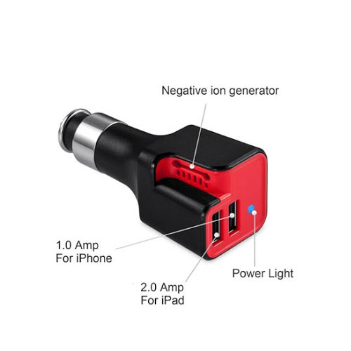 AIR PURIFIER CAR CHARGER WITH 2 USB PORTS - Red