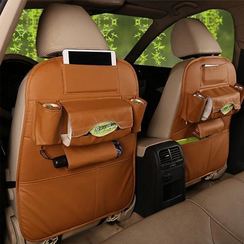 Creative Storage Leather Car Back Seat Storage Bag  - Light Brown