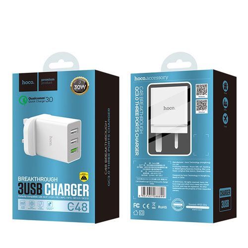 HOCO C48 3 USB Home Charger with QC 3.0 Charger - White