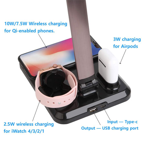 4 in 1 Wireless Charger For iPhone , Airpods , Apple Watch and LED Desk Lamp with USB Charging Port - Black