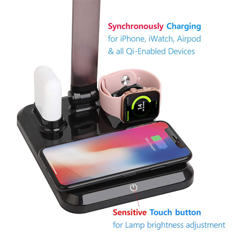 4 in 1 Wireless Charger For iPhone , Airpods , Apple Watch and LED Desk Lamp with USB Charging Port - Black