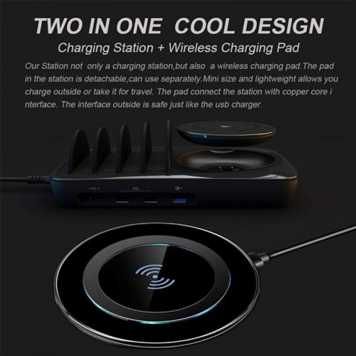 3 USB Desktop Charging Station Dock with Fast Wireless Charger & USB-C Charger For iPhone X , iPhone 8 , Note 8 , S9 