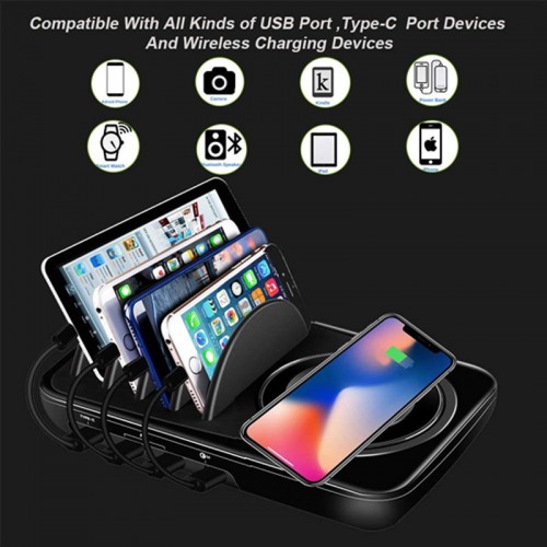 3 USB Desktop Charging Station Dock with Fast Wireless Charger & USB-C Charger For iPhone X , iPhone 8 , Note 8 , S9 